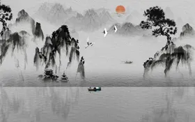 背景墙欧式风格水墨山水画新中式