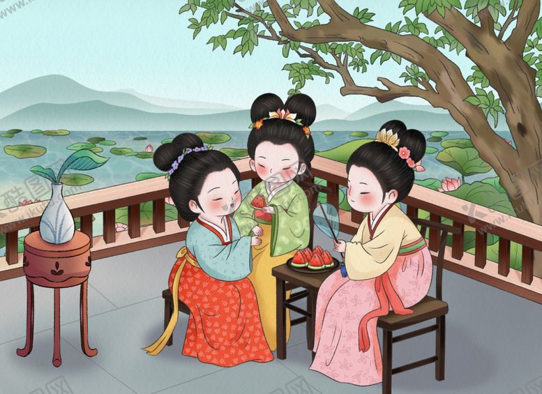 编号：20543309120119345800【酷图网】源文件下载-夏天吃西瓜仕女图