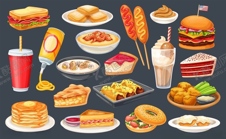 编号：64217804171212505378【酷图网】源文件下载-多样美味快餐食品集合