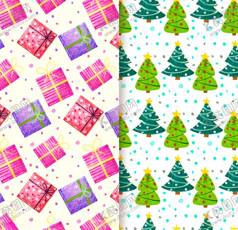 编号：43534709240056148128【酷图网】源文件下载-水彩绘礼物和圣诞树无缝背景