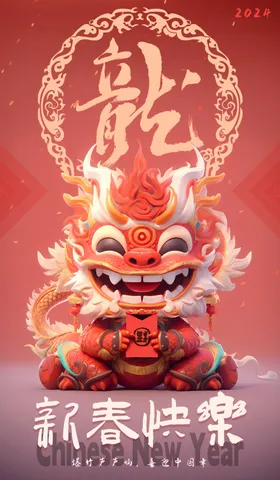 龙年海报手绘肌理插画喜庆舞狮