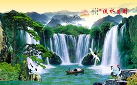 锦绣山河流水生财沙发背景墙装饰