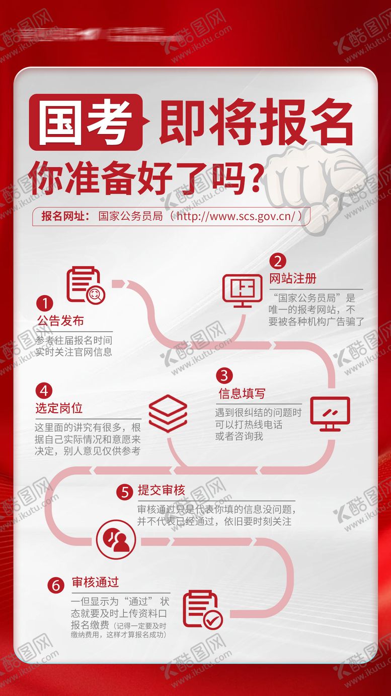 编号：40630206160215526287【酷图网】源文件下载-红色国考报名流程宣传海报
