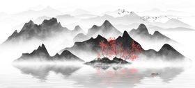 水墨山水画大幅大理石背景墙国