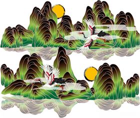 水墨山水间的飞鸟与落日