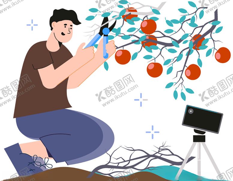 编号：27680504171840432644【酷图网】源文件下载-男子果园拍摄丰收景象