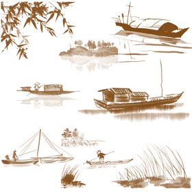 水墨风江上船只景致图