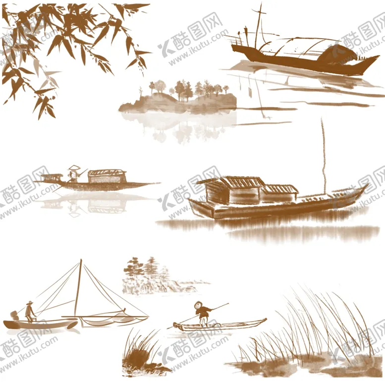 编号：51249804151604595905【酷图网】源文件下载-水墨风江上船只景致图