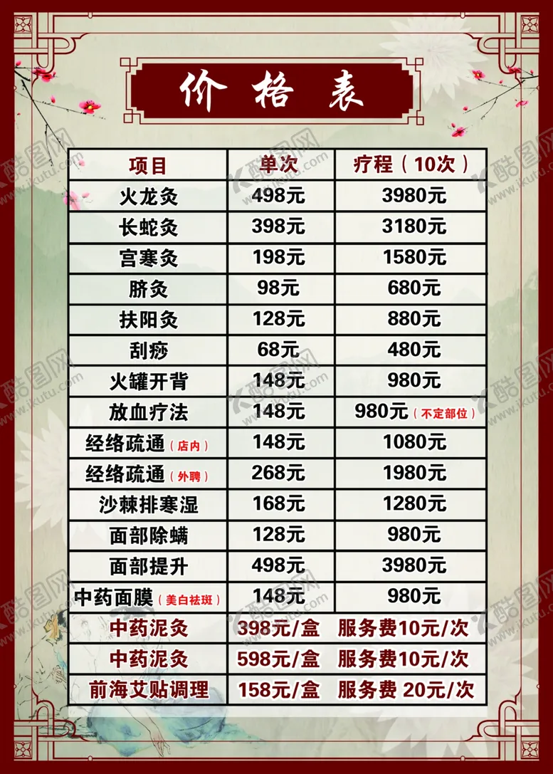 编号：50911704220811597934【酷图网】源文件下载-艾灸养生馆价目表