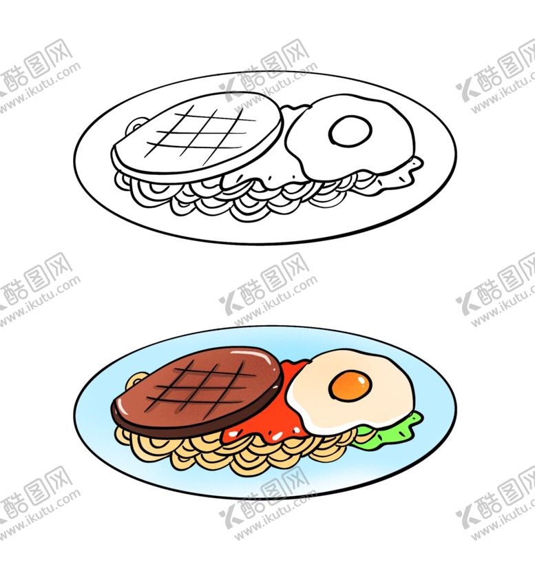 编号：36556901181552347800【酷图网】源文件下载-手绘卡通填色简笔画牛排套餐