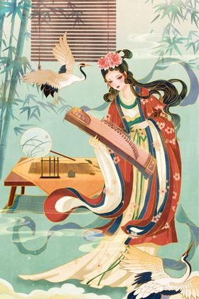 古风美人抚琴图手绘插画