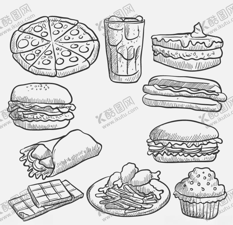 编号：78527705081512458472【酷图网】源文件下载-手绘西式快餐食物背景