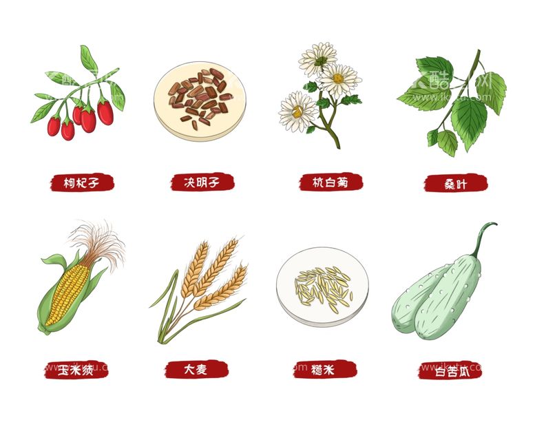 编号：19974112101650021968【酷图网】源文件下载-一组中药国风插画中药材手绘