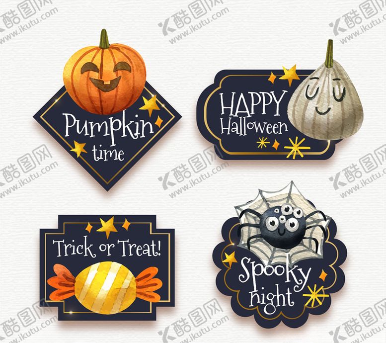 编号：38086610110320011583【酷图网】源文件下载-4款水彩绘万圣节标签