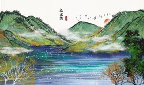 九寨沟国风古风插画卡通背景