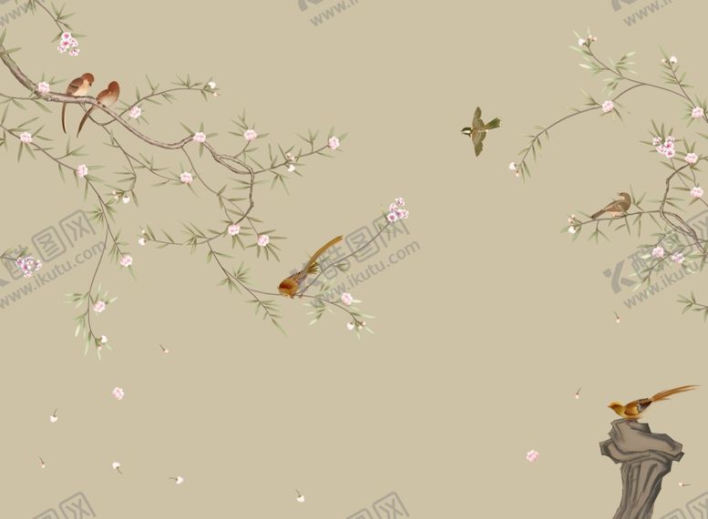 编号：94646709210517588997【酷图网】源文件下载-花鸟画手绘画鸟梅花背景墙