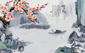 中式梅花山水背景墙