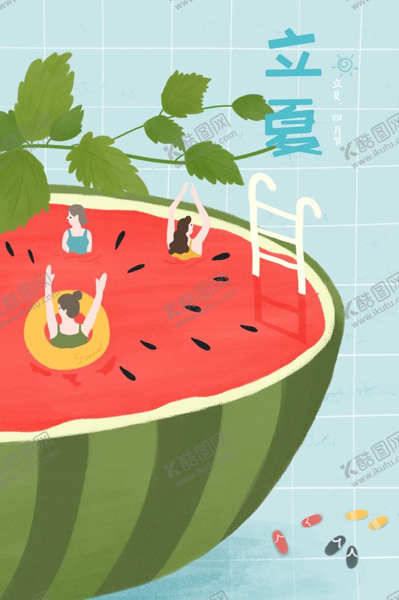 编号：48535109270347138871【酷图网】源文件下载-蓝色清新清凉夏天夏季西瓜节气立