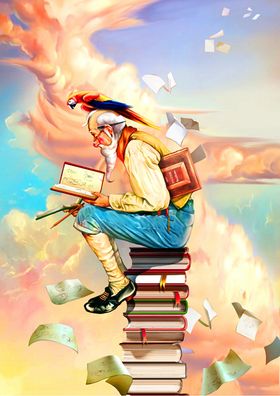 坐在书本上的老人