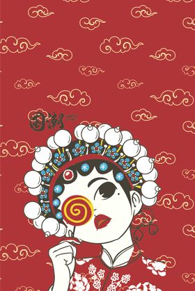 手绘京剧戏曲女孩国潮插画图片