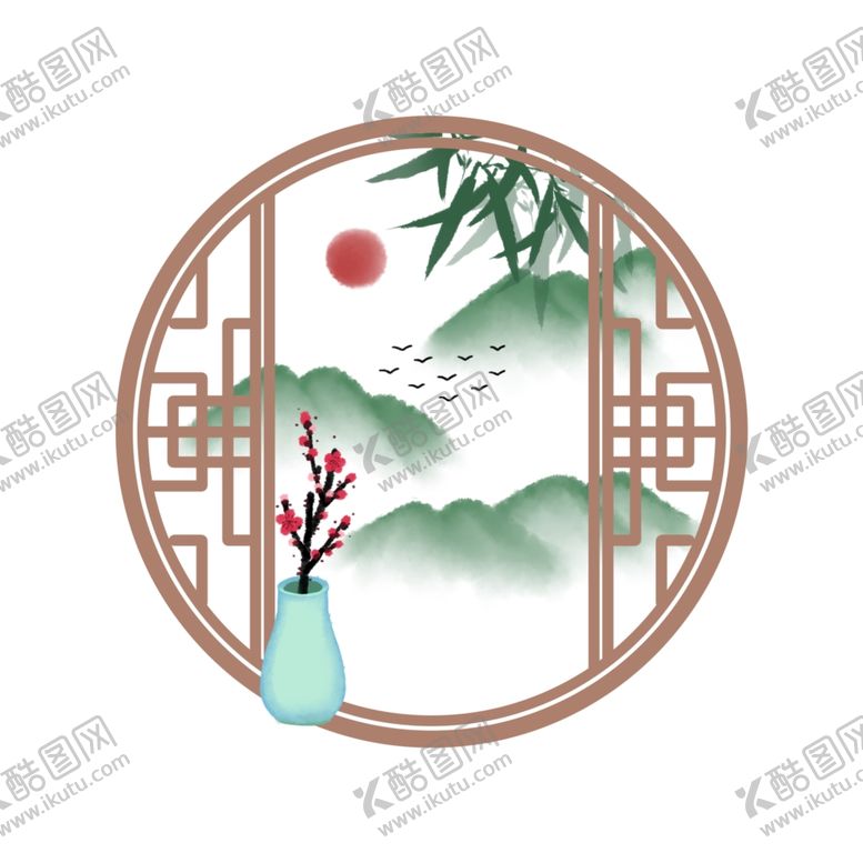 编号：13439204191311381242【酷图网】源文件下载-水墨元素古典窗竹林梅花