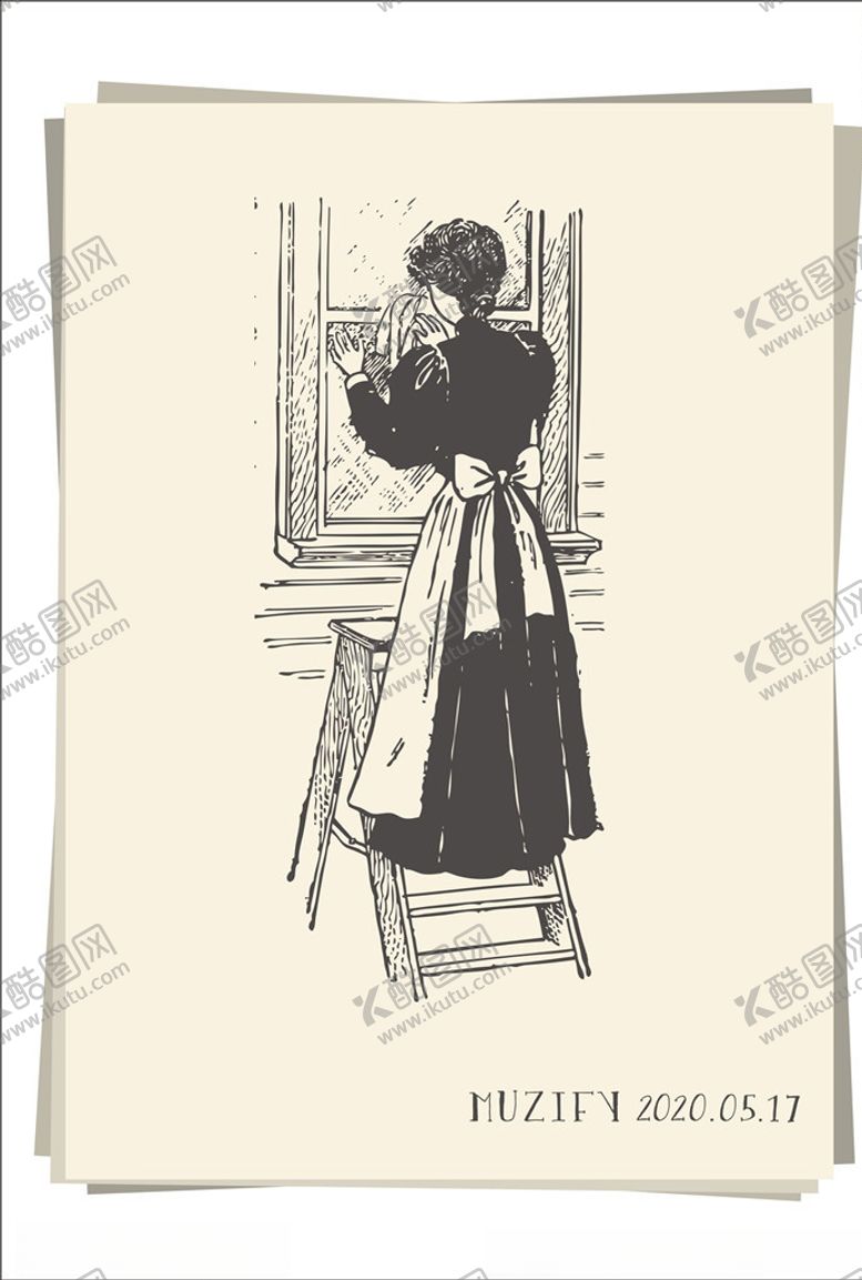 编号：64826807131602247993【酷图网】源文件下载-擦窗的女子人物肖像画