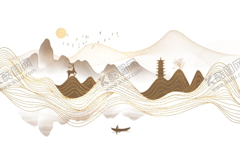 编号：59279802182212274678【酷图网】源文件下载-古风山水金色线条插画