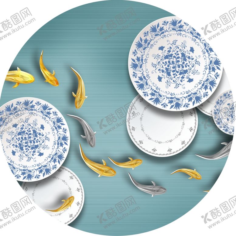 编号：14389601170511331304【酷图网】源文件下载-青花瓷游鱼圆形挂画装饰画