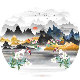 编号：19748509300644248942【酷图网】源文件下载-水墨山水湖畔风景画圆形挂画