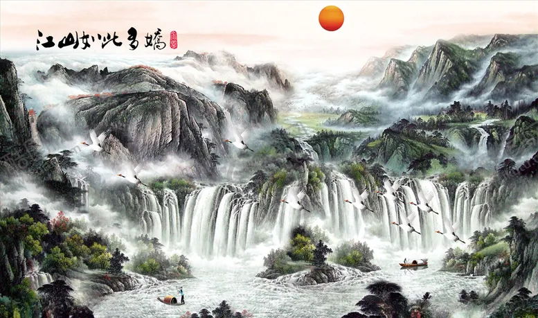 编号：92462203272218142222【酷图网】源文件下载-水墨山水瀑布鹤背景墙
