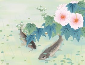 山水鱼群花朵国风插画背景素材