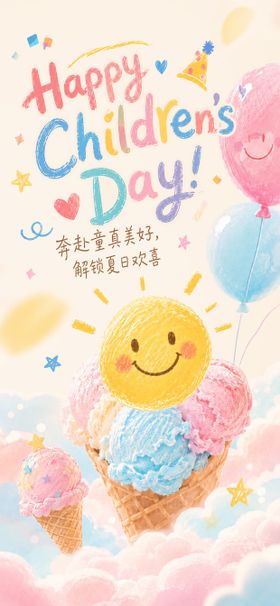 六一儿童节蜡笔素描冰淇淋创意海报