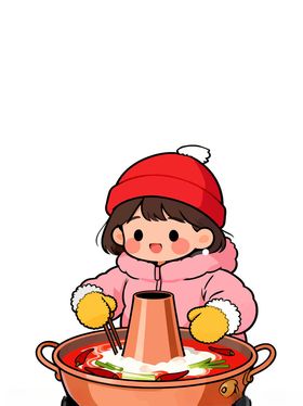 小女孩开心涮火锅手绘插画
