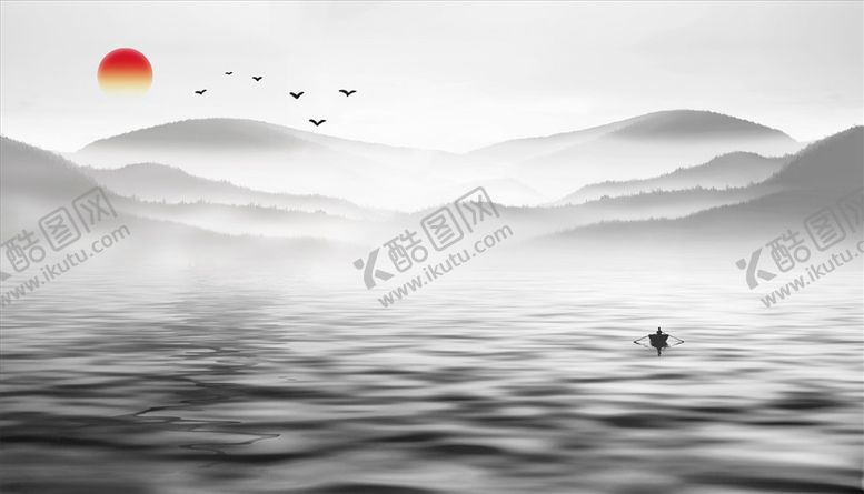 编号：38065006142305132605【酷图网】源文件下载-水墨山水小船大雁太阳