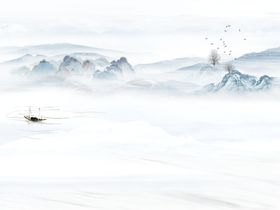 水墨山水小船背景墙