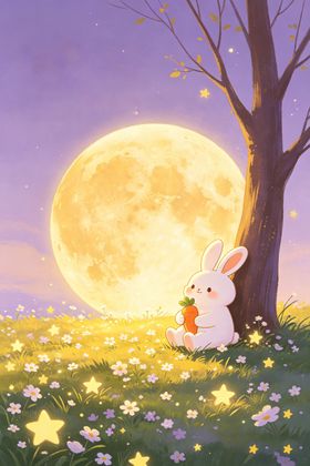 月夜下的白兔与梦幻花海