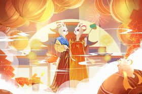 兔年插画春节子灯笼