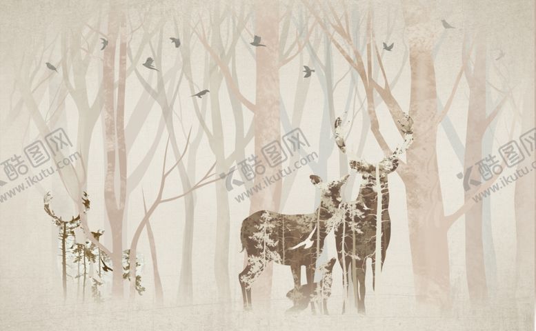 编号：25444909220802217557【酷图网】源文件下载-森林麋鹿背景墙