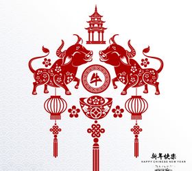 2021春节牛年剪纸风格海报