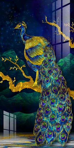 手绘轻奢欧式孔雀玄关画