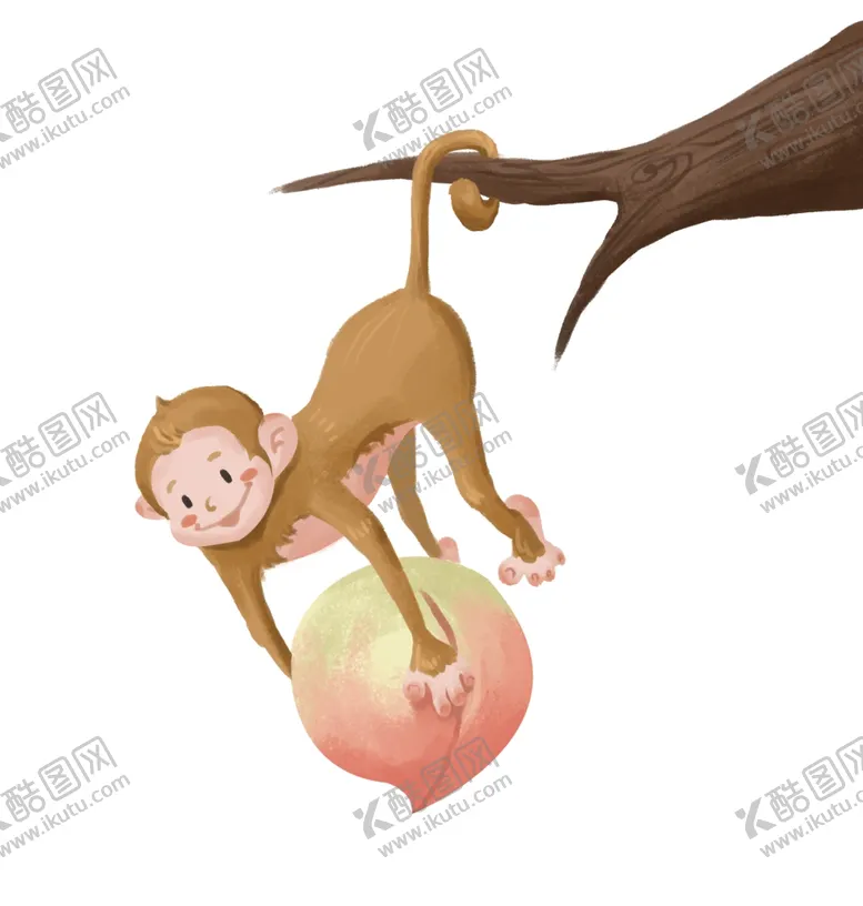 编号：77742004130256322743【酷图网】源文件下载-倒挂疏枝抱桃子的猴子插画