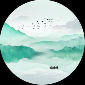 水墨山脉湖畔圆形挂画装饰画