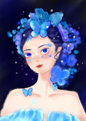 手绘蓝蝶少女蝴蝶女孩插画