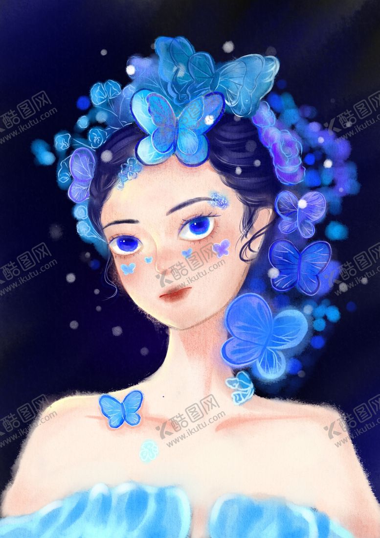 编号：80388210300720511464【酷图网】源文件下载-手绘蓝蝶少女蝴蝶女孩插画