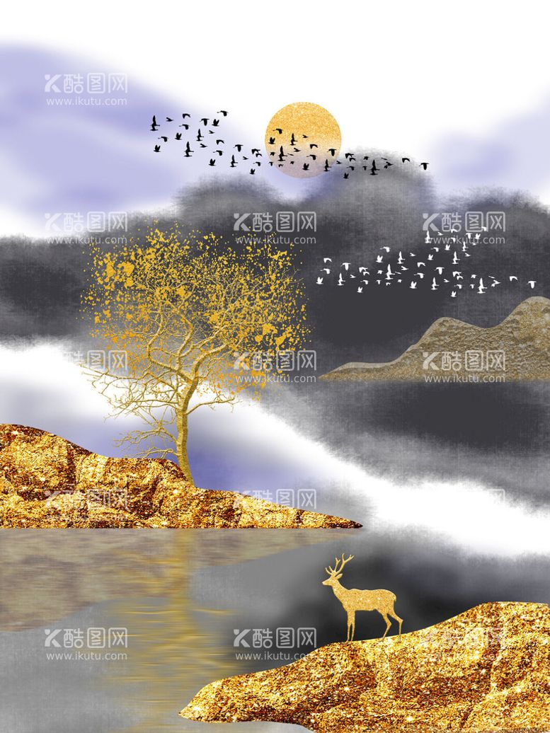 编号：03165709131302226257【酷图网】源文件下载-新中式发财树麋鹿飞鸟客厅晶瓷装金箔画轻奢家装