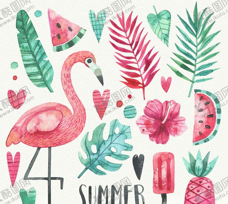 编号：80928810030930002874【酷图网】源文件下载-矢量手绘树叶火烈鸟