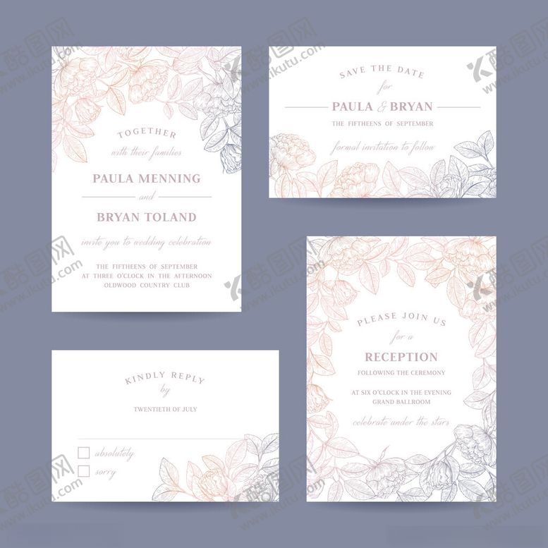 编号：76794411012331022354【酷图网】源文件下载-浪漫花卉婚礼请柬设计