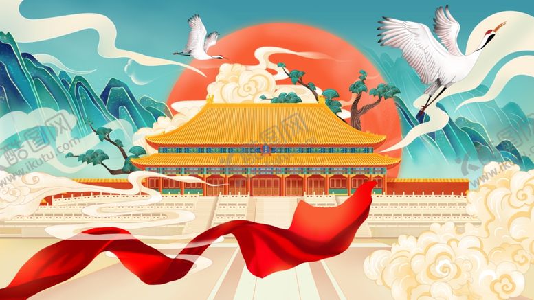 编号：51616012191603516139【酷图网】源文件下载-国风国潮太和殿仙鹤建筑手绘插画