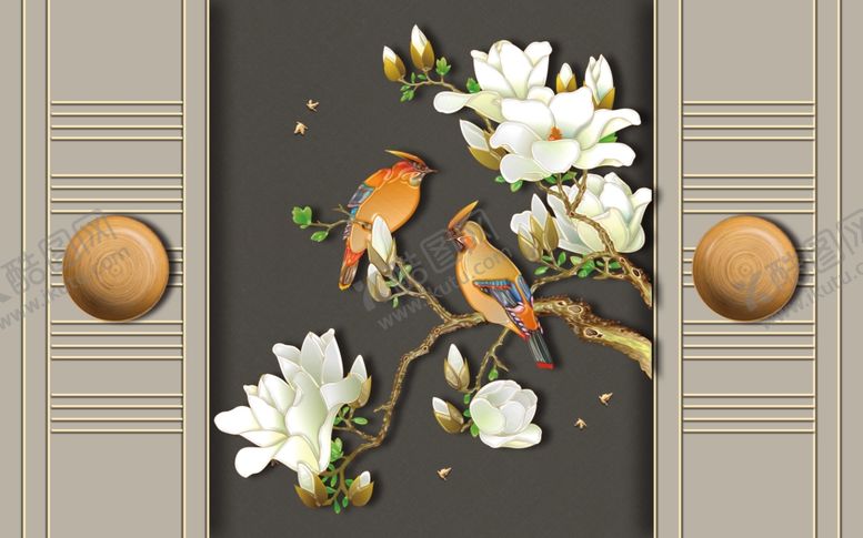 编号：49775709200506583593【酷图网】源文件下载-花鸟画玉兰背景墙