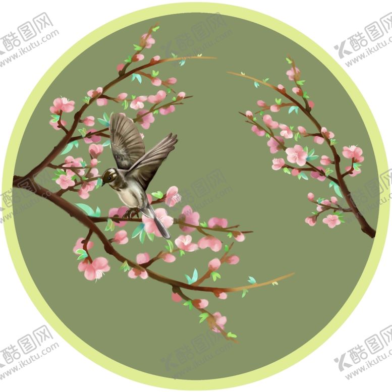 编号：92585810121212087523【酷图网】源文件下载-手绘花鸟壁画装饰画桃花